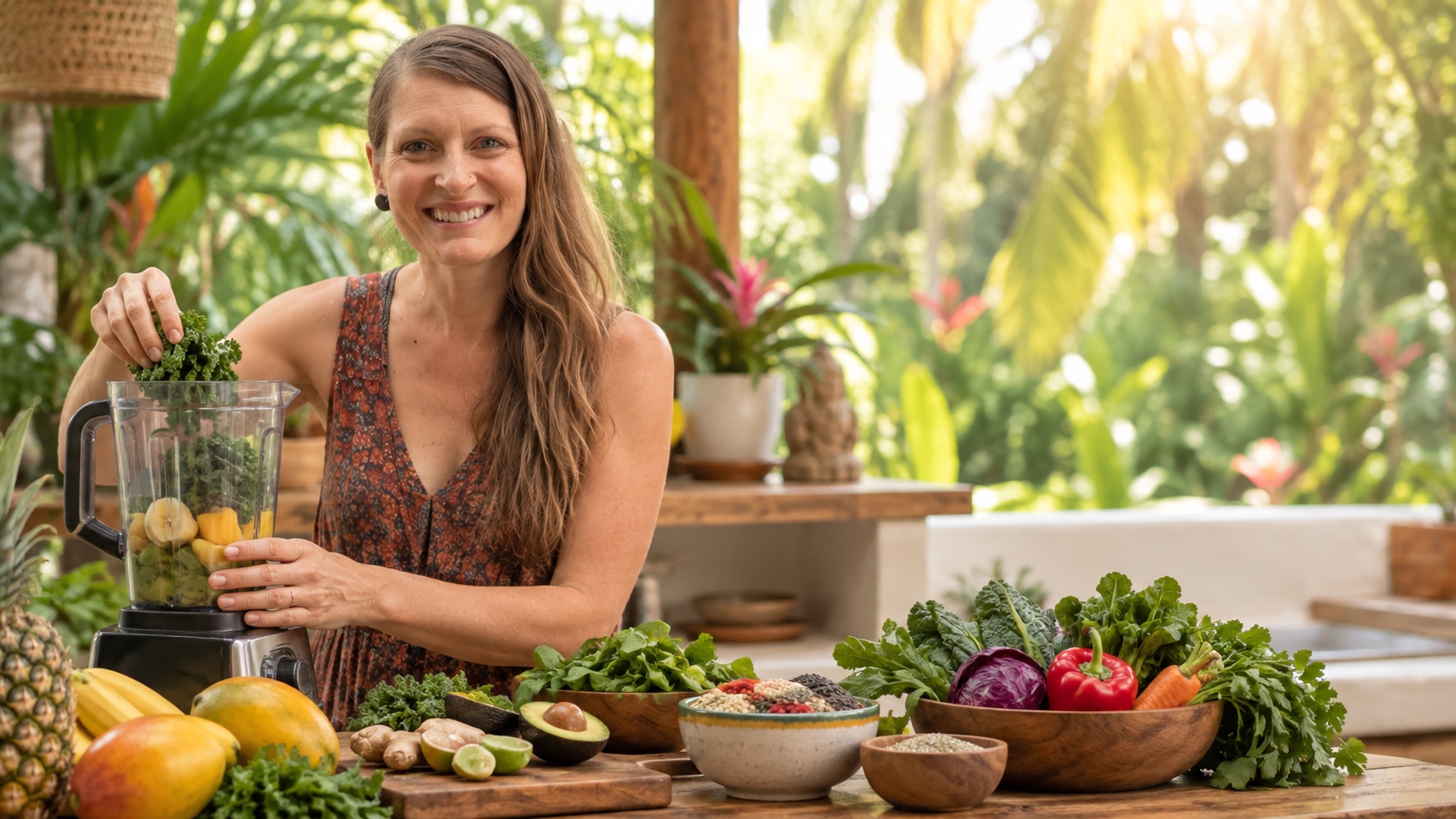 Danielle Arsenault preparing a vibrant plant based smoothie in the Pachavega kitchen